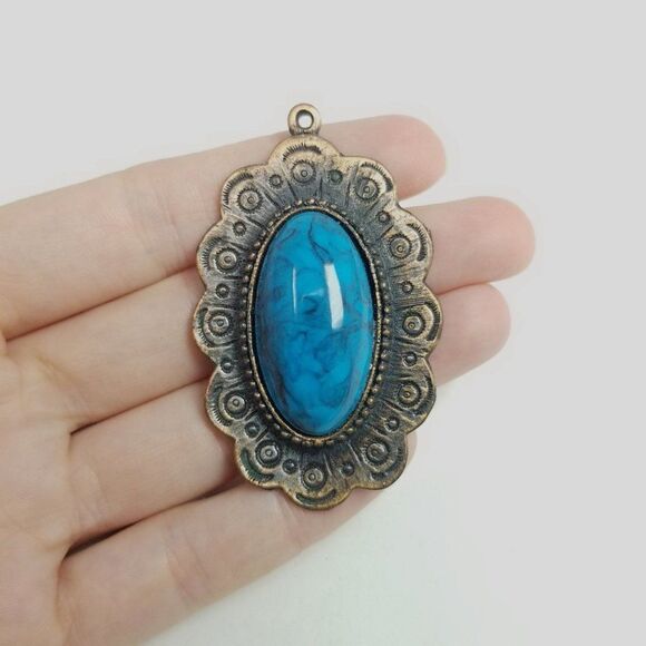 Vintage Big Blue Cabochon Pendant, Oval Shape, Retro Statement, Estate - Picture 5 of 6